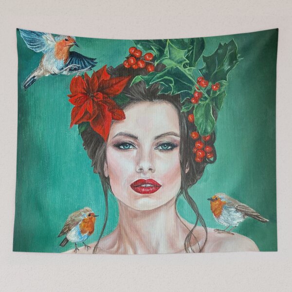 Aperçu de l'œuvre Round Robin - Peinture de Noël festive d'une jeune femme entourée de Robins créée et vendue par EmilyDewsnap.