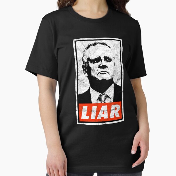 Vista previa del artículo con la obra «Scott Morrison Liar (Black Worn Look) (Mentiroso de Scott Morrison)», diseñado y vendido por politicalamity.