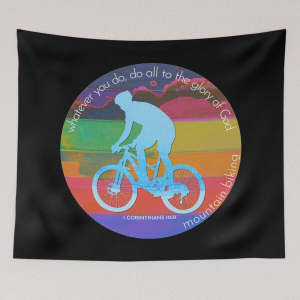 Item preview, Mountain Biking Bible Verse Silhouette Retro Vintage Watercolour Backdrop designed and sold by TheKingdomAttic.