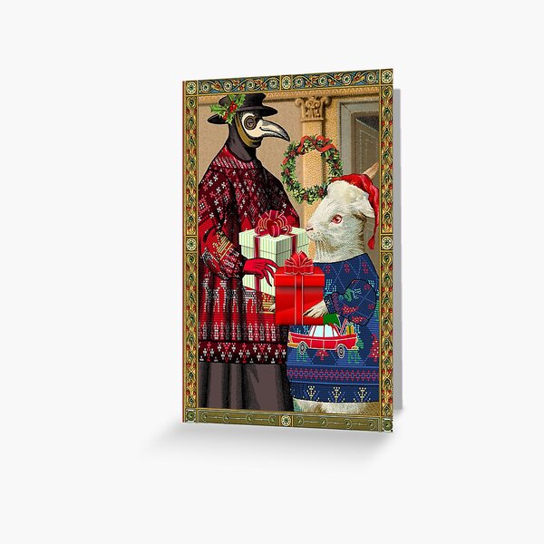 Ugly Christmas Sweaters Plague Doctor and Rabbit Greeting Card