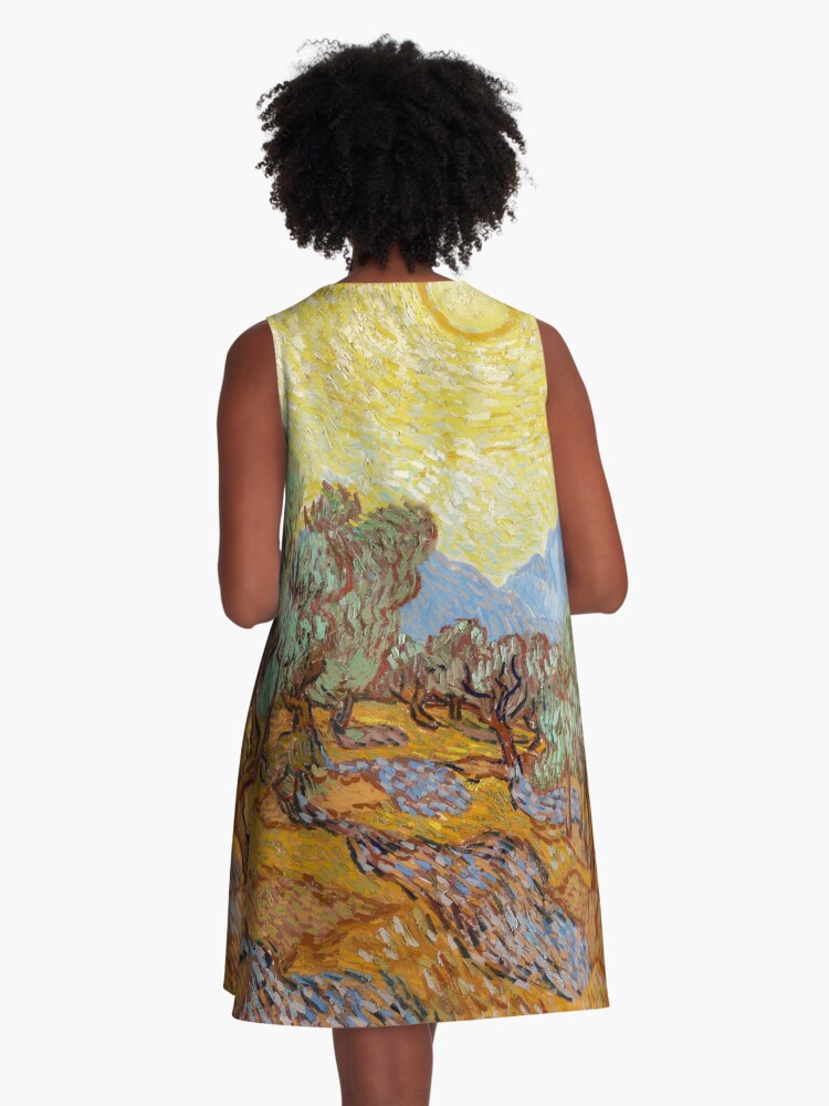 Aperçu 3 sur 4. Robe trapèze avec l'œuvre Vincent Van Gogh "Oliviers avec ciel jaune et soleil", 1889 créée et vendue par ALD1.