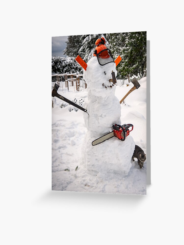 Thumbnail 1 of 2, Greeting Card, Great Canadian Snowman with chainsaw designed and sold by naturediver.