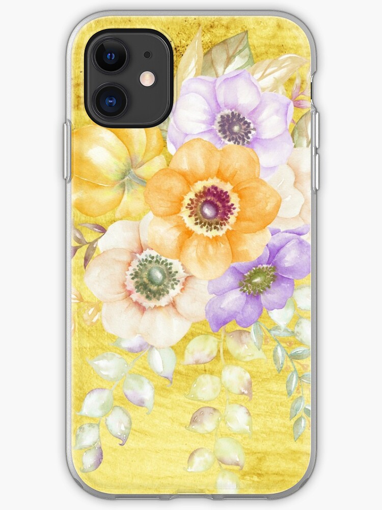 Watercolor Flower Bouquet Vintage Look Gold Background Iphone