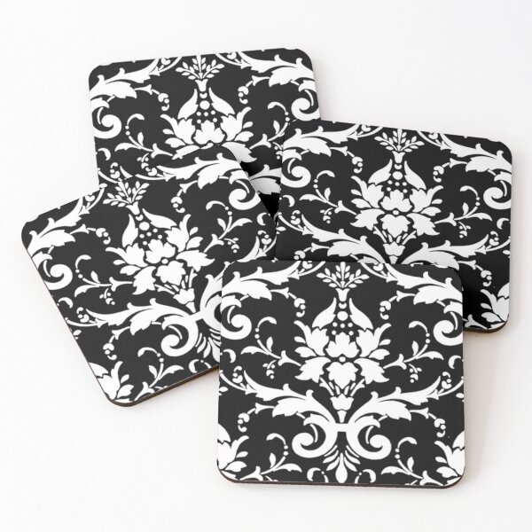 BLACK DAMASK #1 SET OF 4 COASTERS RUBBER WITH FABRIC TOP 