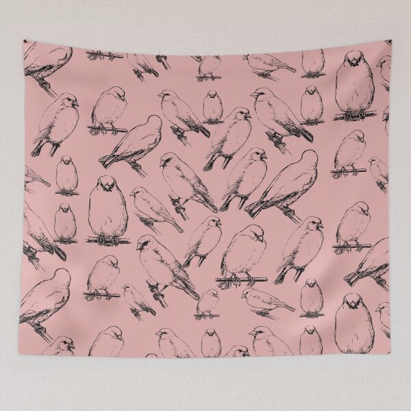 Item preview, Group Of Birds Vintage Illustration Black Line Pink Base Sketch Drawing designed and sold by TrulyEpoque.