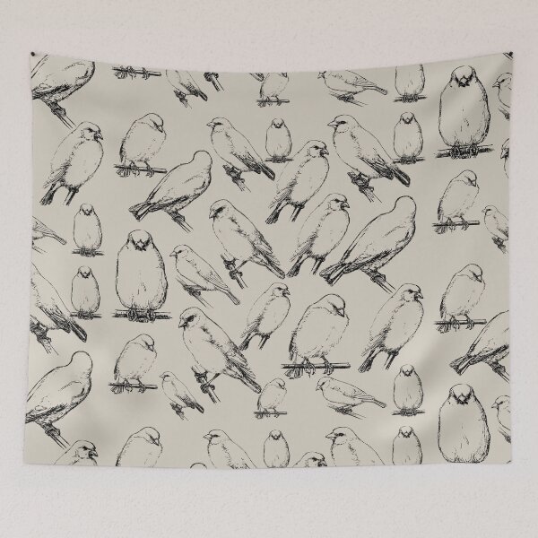 Item preview, Vintage Group Of Birds Illustration Black Line Taupe Cream Base Sketch Drawing designed and sold by TrulyEpoque.