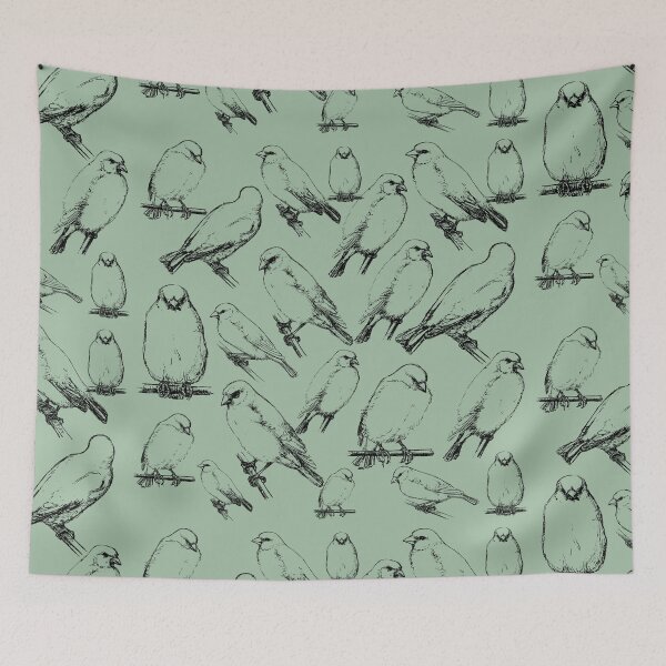 Item preview, Group Of Vintage Birds Illustration Black Line Pastel Green Base Sketch Drawing designed and sold by TrulyEpoque.