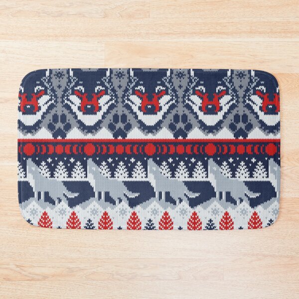 Item preview, Fair isle knitting grey wolf // navy blue and grey wolves red moons and pine trees designed and sold by SelmaCardoso.