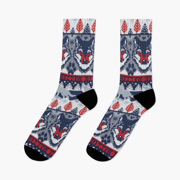 Item preview, Fair isle knitting grey wolf // navy blue and grey wolves red moons and pine trees designed and sold by SelmaCardoso.
