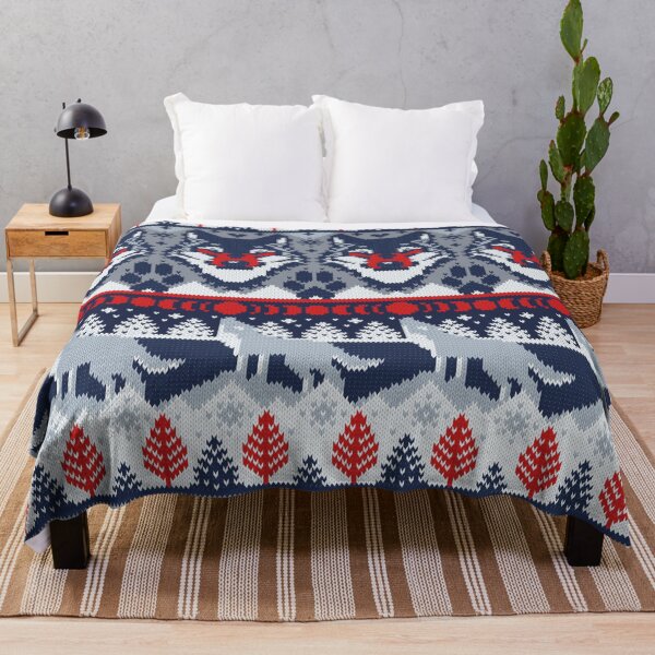 Item preview, Fair isle knitting grey wolf // navy blue and grey wolves red moons and pine trees designed and sold by SelmaCardoso.