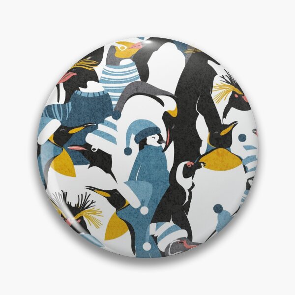 Item preview, Merry penguins // black white grey dark teal yellow and coral type species of penguins blue dressed for winter and Christmas season designed and sold by SelmaCardoso.