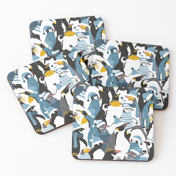 Item preview, Merry penguins // black white grey dark teal yellow and coral type species of penguins blue dressed for winter and Christmas season designed and sold by SelmaCardoso.