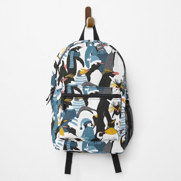 Item preview, Merry penguins // black white grey dark teal yellow and coral type species of penguins blue dressed for winter and Christmas season designed and sold by SelmaCardoso.