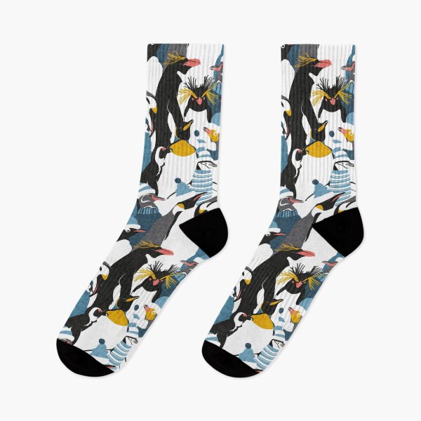Item preview, Merry penguins // black white grey dark teal yellow and coral type species of penguins blue dressed for winter and Christmas season designed and sold by SelmaCardoso.