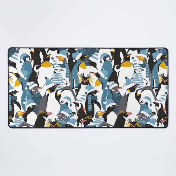 Item preview, Merry penguins // black white grey dark teal yellow and coral type species of penguins blue dressed for winter and Christmas season designed and sold by SelmaCardoso.