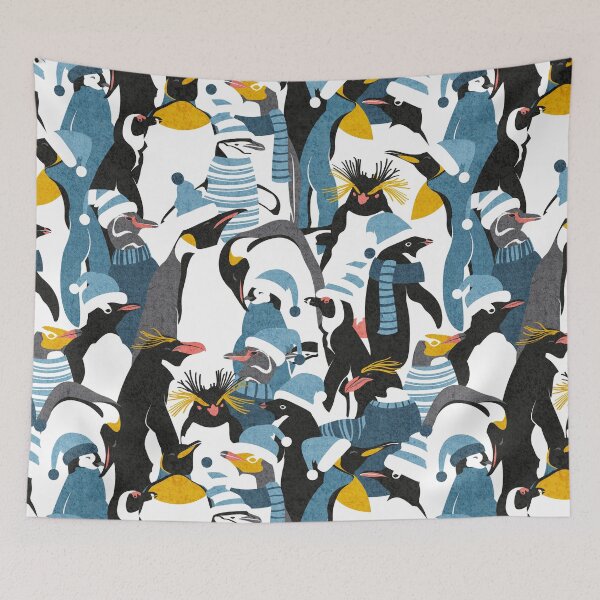 Item preview, Merry penguins // black white grey dark teal yellow and coral type species of penguins blue dressed for winter and Christmas season designed and sold by SelmaCardoso.