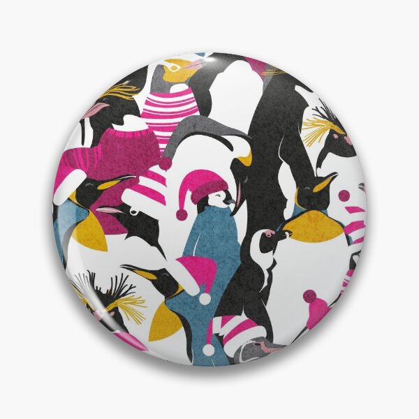 Item preview, Merry penguins // black white grey dark teal yellow and coral type species of penguins fuchsia pink dressed for winter and Christmas season designed and sold by SelmaCardoso.