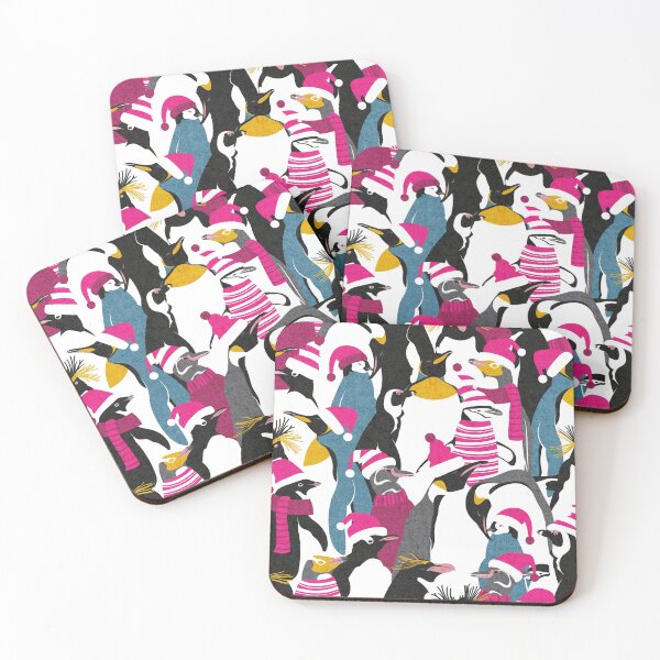 Item preview, Merry penguins // black white grey dark teal yellow and coral type species of penguins fuchsia pink dressed for winter and Christmas season designed and sold by SelmaCardoso.