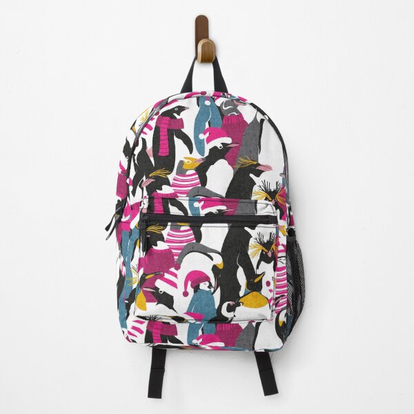 Item preview, Merry penguins // black white grey dark teal yellow and coral type species of penguins fuchsia pink dressed for winter and Christmas season designed and sold by SelmaCardoso.