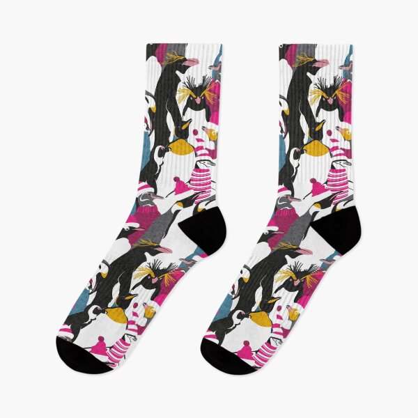 Item preview, Merry penguins // black white grey dark teal yellow and coral type species of penguins fuchsia pink dressed for winter and Christmas season designed and sold by SelmaCardoso.