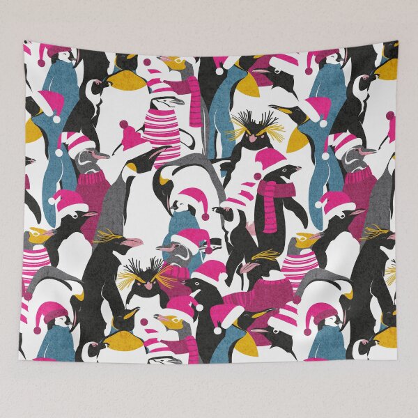 Item preview, Merry penguins // black white grey dark teal yellow and coral type species of penguins fuchsia pink dressed for winter and Christmas season designed and sold by SelmaCardoso.