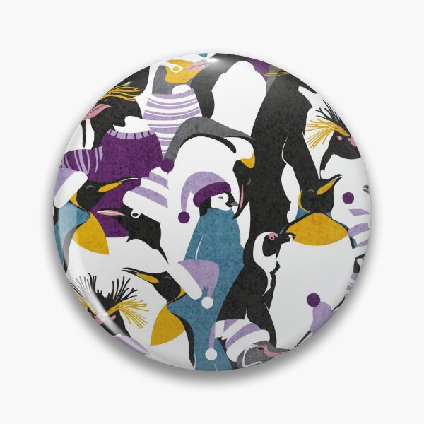 Item preview, Merry penguins // black white grey dark teal yellow and coral type species of penguins violet and purple dressed for winter and Christmas season designed and sold by SelmaCardoso.