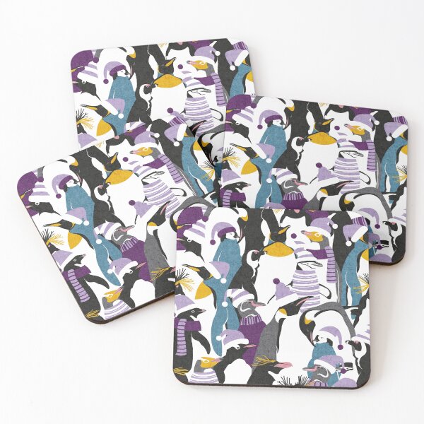 Item preview, Merry penguins // black white grey dark teal yellow and coral type species of penguins violet and purple dressed for winter and Christmas season designed and sold by SelmaCardoso.