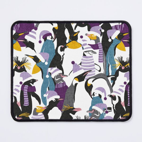 Item preview, Merry penguins // black white grey dark teal yellow and coral type species of penguins violet and purple dressed for winter and Christmas season designed and sold by SelmaCardoso.