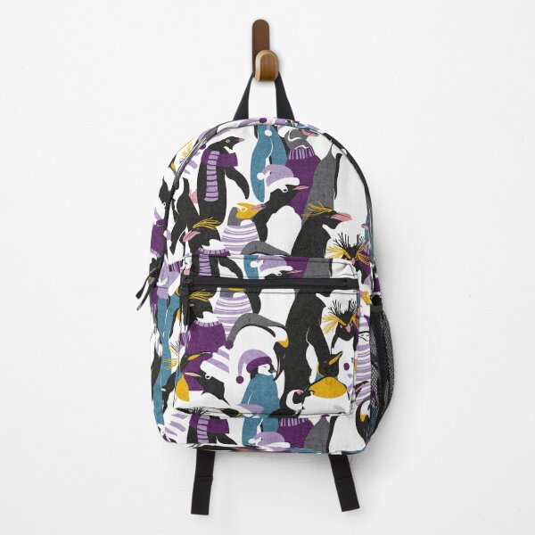 Item preview, Merry penguins // black white grey dark teal yellow and coral type species of penguins violet and purple dressed for winter and Christmas season designed and sold by SelmaCardoso.