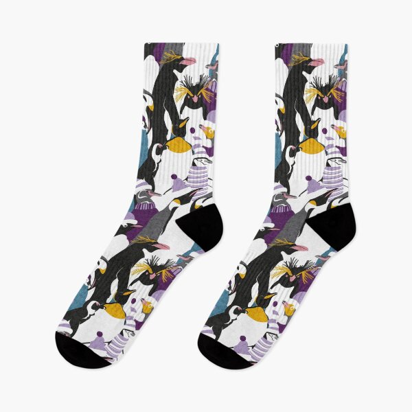 Item preview, Merry penguins // black white grey dark teal yellow and coral type species of penguins violet and purple dressed for winter and Christmas season designed and sold by SelmaCardoso.