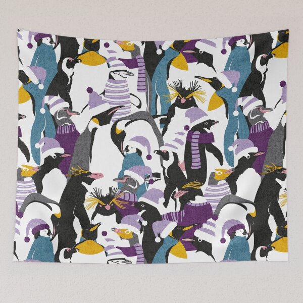 Item preview, Merry penguins // black white grey dark teal yellow and coral type species of penguins violet and purple dressed for winter and Christmas season designed and sold by SelmaCardoso.