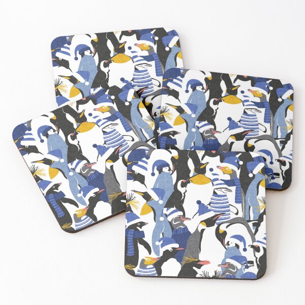Item preview, Merry penguins // black white blue yellow and coral type species of penguins classic blue dressed for winter and Christmas season designed and sold by SelmaCardoso.