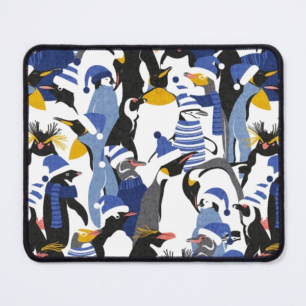 Item preview, Merry penguins // black white blue yellow and coral type species of penguins classic blue dressed for winter and Christmas season designed and sold by SelmaCardoso.