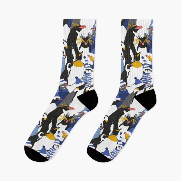 Item preview, Merry penguins // black white blue yellow and coral type species of penguins classic blue dressed for winter and Christmas season designed and sold by SelmaCardoso.