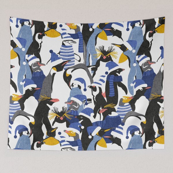 Item preview, Merry penguins // black white blue yellow and coral type species of penguins classic blue dressed for winter and Christmas season designed and sold by SelmaCardoso.