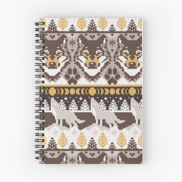 Item preview, Fair isle knitting grey wolf // oak and taupe brown and grey wolves yellow moons and pine trees designed and sold by SelmaCardoso.