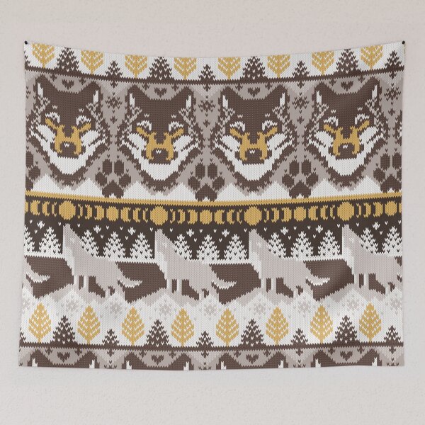 Item preview, Fair isle knitting grey wolf // oak and taupe brown and grey wolves yellow moons and pine trees designed and sold by SelmaCardoso.