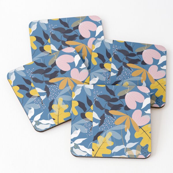 Item preview, seamless bright flat style leaves and flowers on blue background designed and sold by Belhbib Art ⭐⭐⭐⭐⭐.