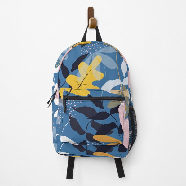 Item preview, seamless bright flat style leaves and flowers on blue background designed and sold by Belhbib Art ⭐⭐⭐⭐⭐.