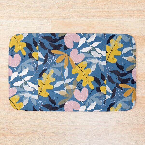 Item preview, seamless bright flat style leaves and flowers on blue background designed and sold by Belhbib Art ⭐⭐⭐⭐⭐.