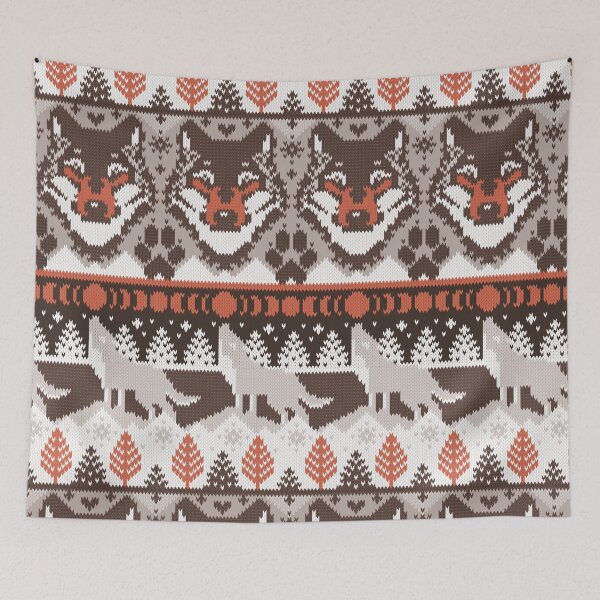 Item preview, Fair isle knitting grey wolf // oak and taupe brown and grey wolves orange moons and pine trees designed and sold by SelmaCardoso.
