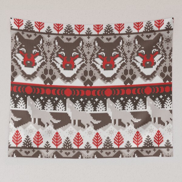 Item preview, Fair isle knitting grey wolf // oak and taupe brown and grey wolves red moons and pine trees designed and sold by SelmaCardoso.