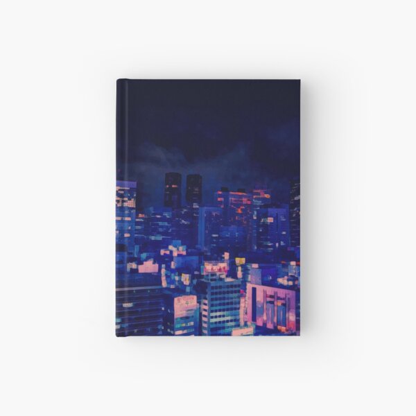 NOSTALGIA neon city lights lofi dark blue aesthetic Hardcover Journal