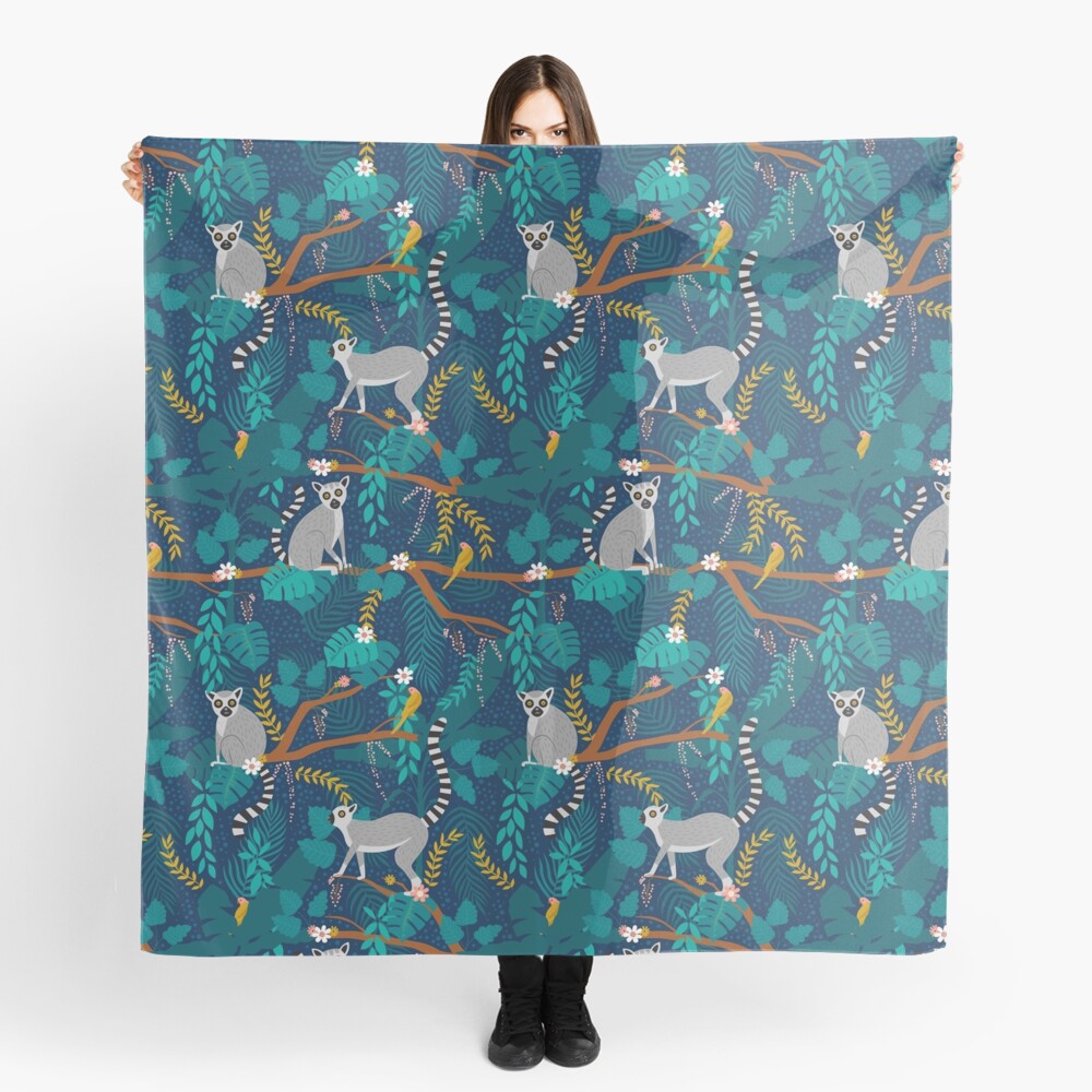 Lemurs in a Blue Jungle Scarf