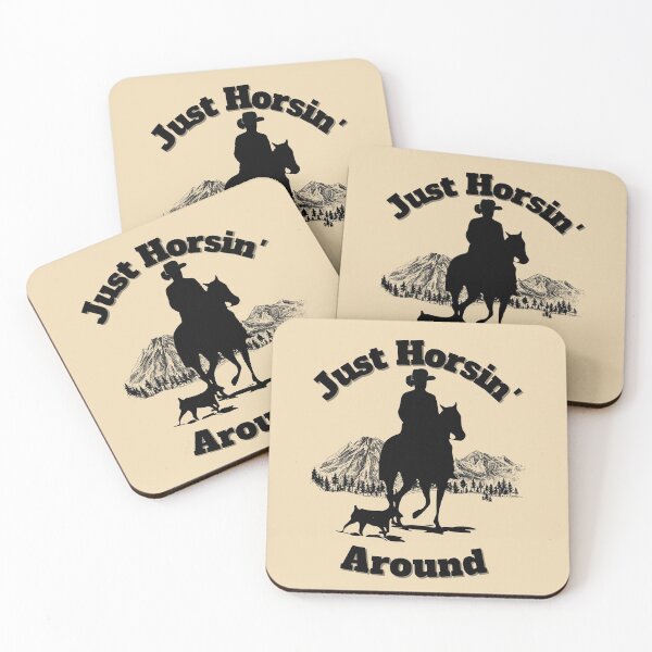 Item preview, Western Horseback Riding Cowboy Just Horsin' Around with Dog and Mountains and Trees on Background designed and sold by InkItStudio.