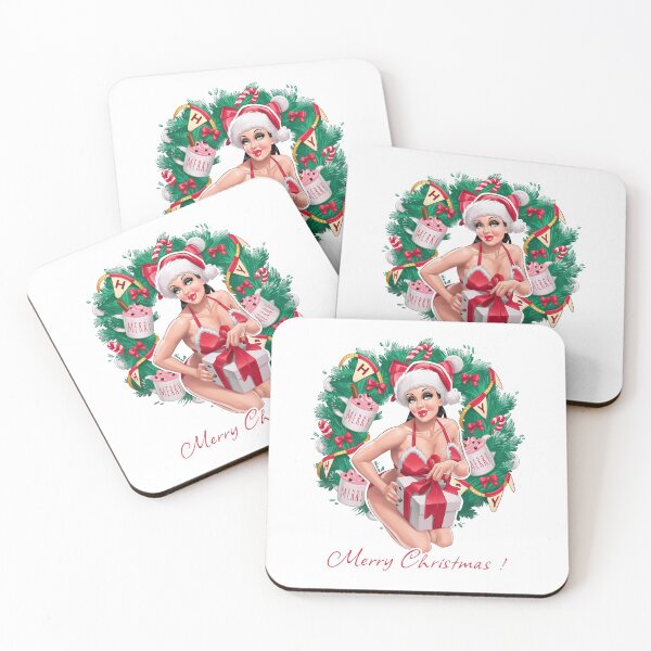 Item preview, Christmas pinup girl with wreath and bow and decorative flags and toys on background designed and sold by AnnaRuz.