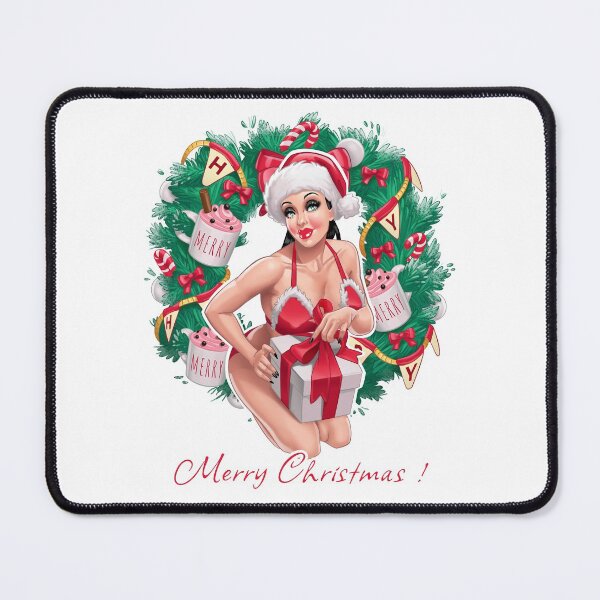 Item preview, Christmas pinup girl with wreath and bow and decorative flags and toys on background designed and sold by AnnaRuz.