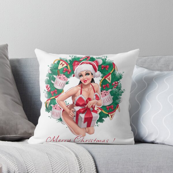 Item preview, Christmas pinup girl with wreath and bow and decorative flags and toys on background designed and sold by AnnaRuz.