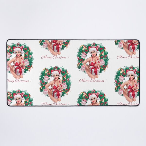 Item preview, Christmas pinup girl with wreath and bow and decorative flags and toys on background designed and sold by AnnaRuz.