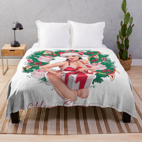 Item preview, Christmas pinup girl with wreath and bow and decorative flags and toys on background designed and sold by AnnaRuz.